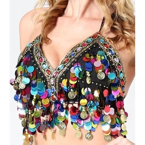 Sexy Women Sequin Halter Bra Top Salsa Belly Dance Boho Festival Club Tribal Top Colorful Beading Coins Tassel Lace-Up Cami Top
