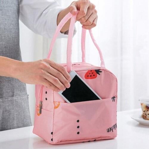 Cute Catoon Lunch Bag For Kids Women With Front Pocket Zipper Canvas lInsulated Cooler Bag Hiking Camping Food Container