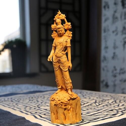 Feng Shui 20CM Buddha GuanYin Wood Boxwood Statue Collection Sculpture Mascot Historical Myth God Figure Home Decor