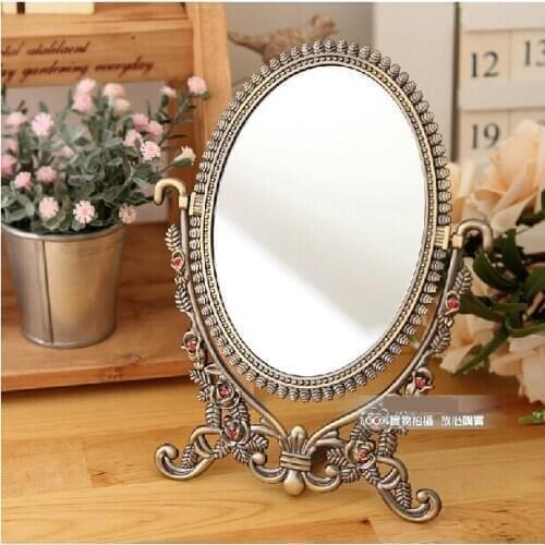 High quality Foldable retro antique bronze copper metal table makeup mirror dresser desktop cosmetic mirror embossed metal frame