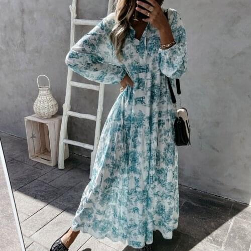 Women Elegant Lace-Up Drawstring Dress Fashion Flower Print Long Sleeve Party Dress Summer Casual V Neck Loose Maxi Dress Mujer