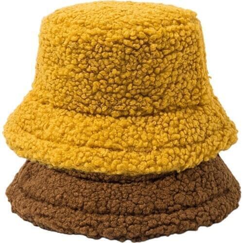Women Student Thicken Fuzzy Plush Bucket Hat Solid Color Winter Warmer Round Flat Top Wide Brim Sunscreen Fisherman Cap