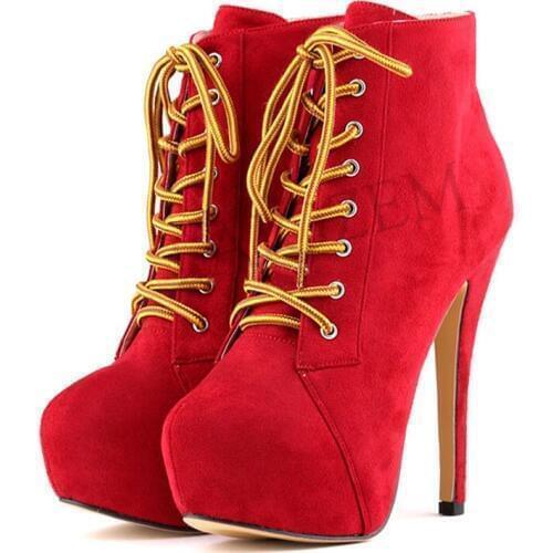 LAIGZEM Faux Suede Sexy Booties Platform Handcrafted Heels Lace Up Short Boots Ladies Shoes Woman Botines Mujer Large Size 34-52