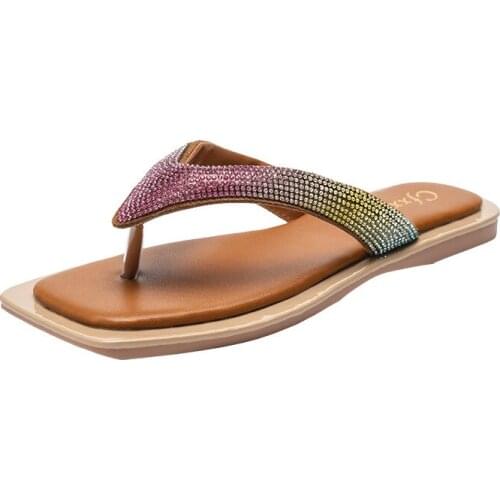 2021 Fashion Woman Flip Flops Colorful Rhinestone Sandals Soft PU Leather Beach Slide Plus Size 42 Ladies Slippers Girl Shoes