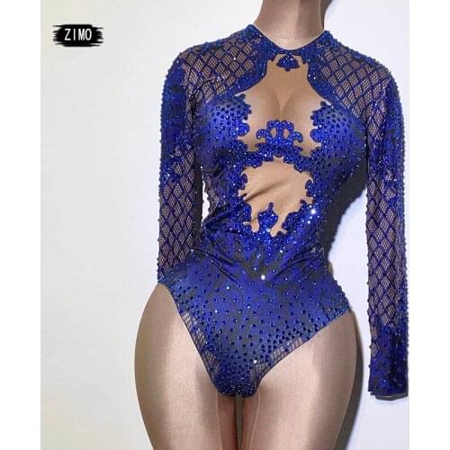 Fashion Blue Printed Rhinestone Stage Bodysuit Women Sexy Long Sleeve Elastic Crystal Jumpsuit Dance Costume Bar Festival Outfit