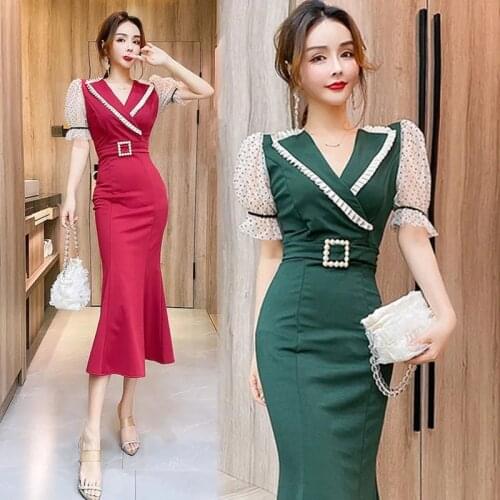 Womens Summer New Slim Thin Fishtail Lapel Polka Dot Short-Sleeved Stitching Mesh Gauze Wrapped Hip Dress