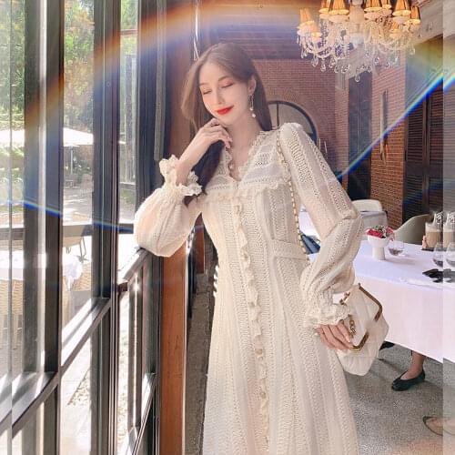 Bella Philosophy Elegant Fairy Dress Autumn Lace Vintage Party Midi Dress Female Casual Korean Chiffon One-piece Dress Vestidos