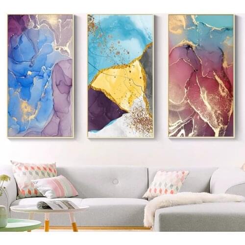 Golden Blue Smoke Nordic Morden Abstract Canvas Painting Purple Line Wall Art Posters and Prints Picture Corridor Aisle Decor