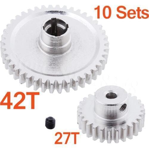 10 Sets Metal Diff Main Gear 42T Spur Reduction 27T Motor Pinion For WLtoys A959-B A969-B A979-B K929-B Spare Replacement Parts