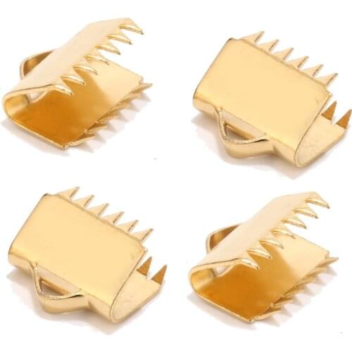10pcs 10.5mm Stainless Steel Gold Tone Ribbon Clip Clamp Cord Crimp End Cap Tip Necklace Bracelet Connector Findings with Teeth