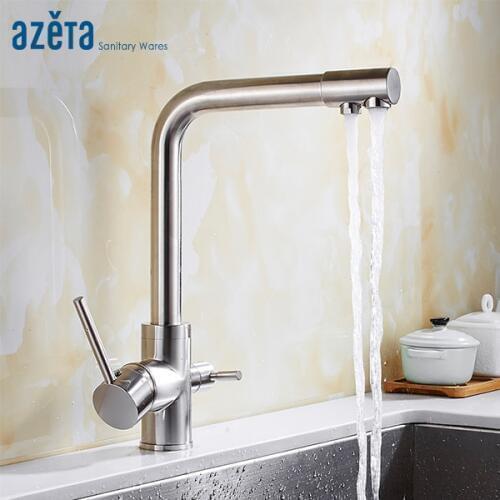 Azeta 360 Rotatable Brushed Nickel Kitchen 3 Way Faucet With Water Purify Function Faucet Drinking Water Kitchen Taps AT7208BN