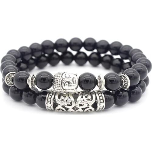 ZV 2Pcs/Set Bracelet Jewelry For Men Women 8MM Beads Agate wholesale volcanic rock Buddha head stone combination bracelet Gift