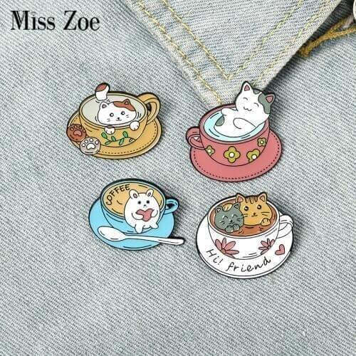 Cup Cat Enamel Pin Custom Cute Cats Coffee Brooch Bag Clothes Lapel Pin Kitten Cafe Badge Animal Jewelry Gift for Kids Friends