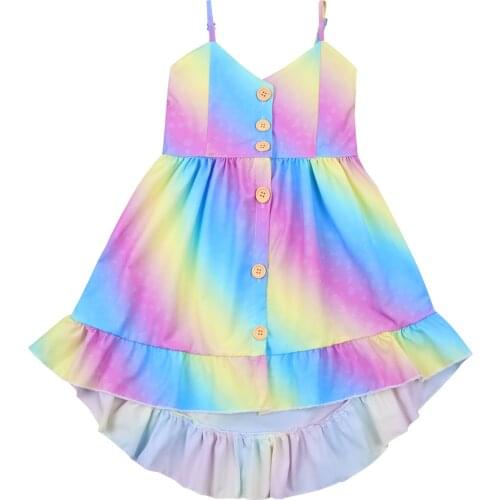 Infant Kids Baby Girl Dress, Childrens Rainbow Printing Button Adjustable Spaghetti Straps Ruffled Hem Dresses 2-7T