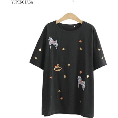Pony Embroidered Sequined Harajuku T shirt Women 2020 Summer New Girls Short Sleeve Femme T shirts Loose Basic Tops Tees