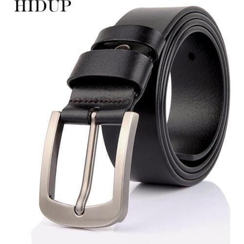 HIDUP New Brand Name Designer Cowhide Leather Cow Skin Belts Real Cowhide Black Pin Buckle Metal Belt for Men Clothing NWJ614