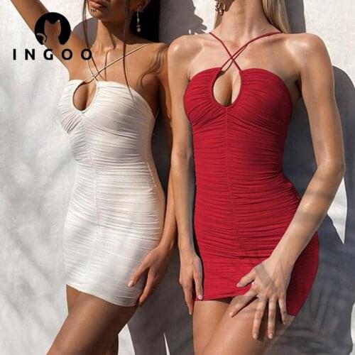 INGOO Halter Pleated Bodycon Dress Women Sexy Party Sleeveless Backless Breast Hollow Out Outfit Ruched Lace Up Mini Club Dress