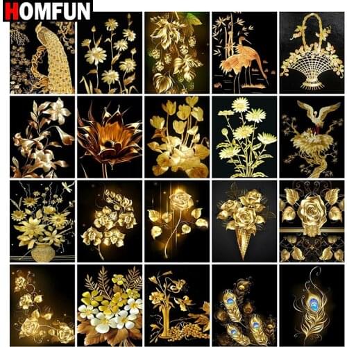HOMFUN Full Drill Diamond Painting "Goldene blume feder " DIY Picture Of Rhinestone 5D Diamond Embroidery Cross Stitch Decor