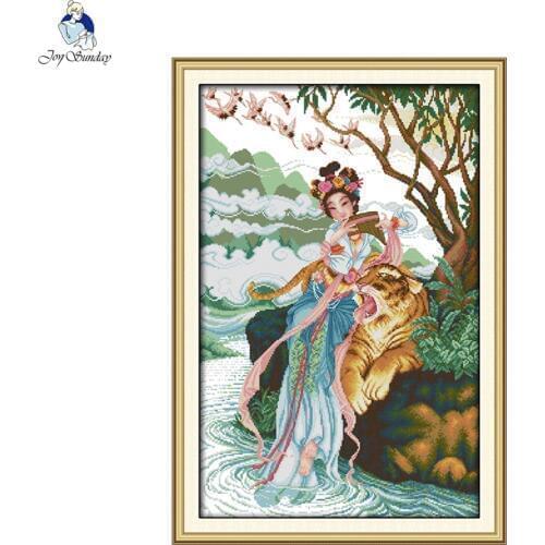 Joy Sunday The Fairy and Tiger Picture DMC Counted Cross-stitch 11CT 14CT DIY Cross Stitch Kits for Embroidery Home Decor