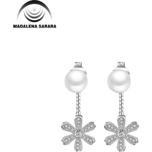 MADALENA SARARA AAA 8mm Freshwater Pearl S925 Plated Flower Dangle Earrings AAAA CZ inlaid