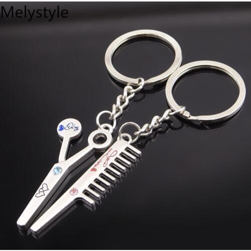 2019 men keychain DIY metal holder chain vintage barber scissor comb stylist silver Color pendant Gift