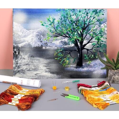 Natural Scenery Winter Green Printed 11CT Cross-Stitch Embroidery Kit DMC Threads Painting Hobby Handmade Craft Mulina Sales