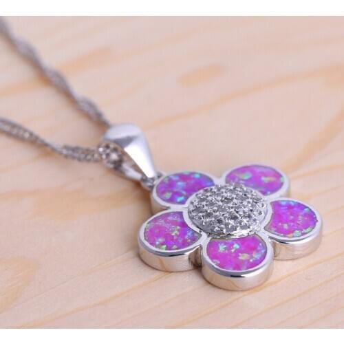 ROLILASON Fantastic creature flower pink fire opal silver pendant necklaces for women fashion jewelry OP767