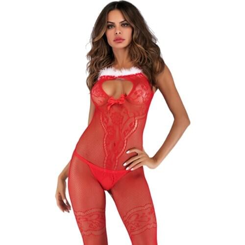 Sexy Christmas feather body stockings Bow jumpsuits underwear Santa Claus furry bodysuit Backless Buttocks open crotch women