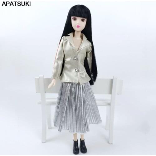 Silver Coat Pleat Skirt Fashion Doll Clothes For Barbie Doll Outfits Set for 1/6 Doll Accessories Toys For Children