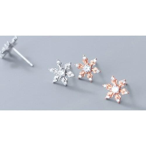 Real 925 Sterling Silver Zircon Snowflake Stud Earrings For Fashion Women Cute Fine Jewelry Minimalist Accessories