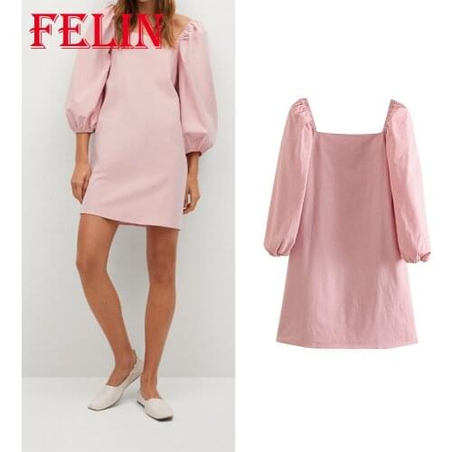 FELIN Za Chic Pink Women Dress Elegant Long Puff Sleeve Mini Dress Office Lady Summer Fashion 2021 Mujer Vestidos