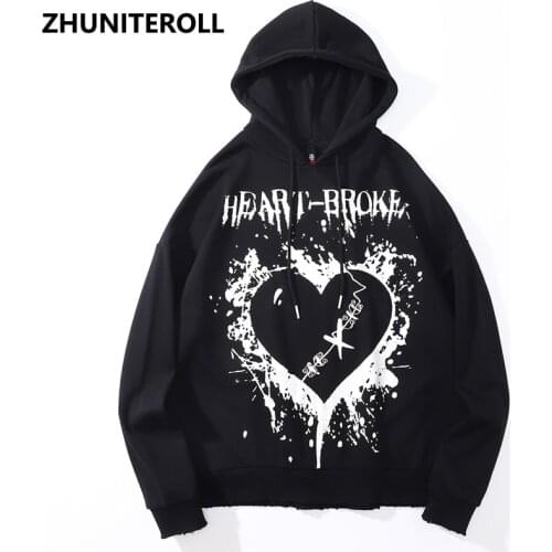 Harajuku Sweatshirts Men Heart Broken Print Streetwear Hoodies Hip Hop Fashion Loose Casual Hooded Pullover Black Tops Outwear