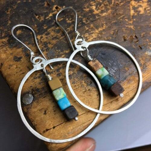 Vintage Big Round Metal Multicolor Stone Earrings Tribal Silver Color Geometric Beads Hanging Earrings Jewelry