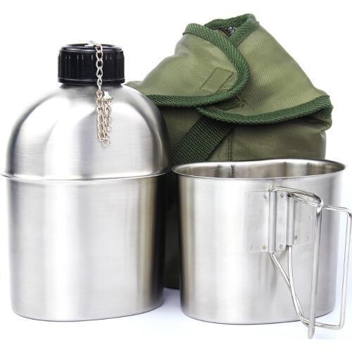 High Quality Portable Stainless Steel Military Canteen 1L Portable with 0.5L Cup Green Cover Camping Hiking G.I
