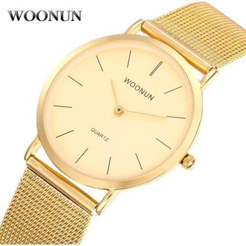 WOONUN Mens Watch Top Brand Luxury Gold Watches Men Stainless Steel Mesh Band Quartz Watch Thin Mens Watches relogio masculino