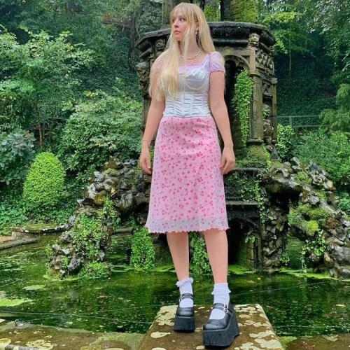Floral Skirt Women Y2k Retro A-Line Skirts Double Layer Mesh E Girl 2000s Harajuku Aesthetic High Waist Skinny Streetwear Skirt