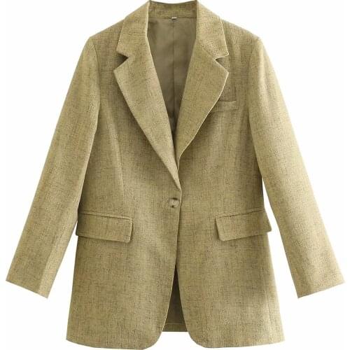 2021 Womens Green Clamshell Suit Pocket Plus Retro Long-sleeved Solid Notched Collar Oversized Office Casual Suit Jacket