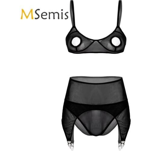 Womens See-through Mesh Lingerie Set Underwear Ladies Transparent Sexy Nightwear Hollow Out Unlined Bra with Briefs Garter Belt