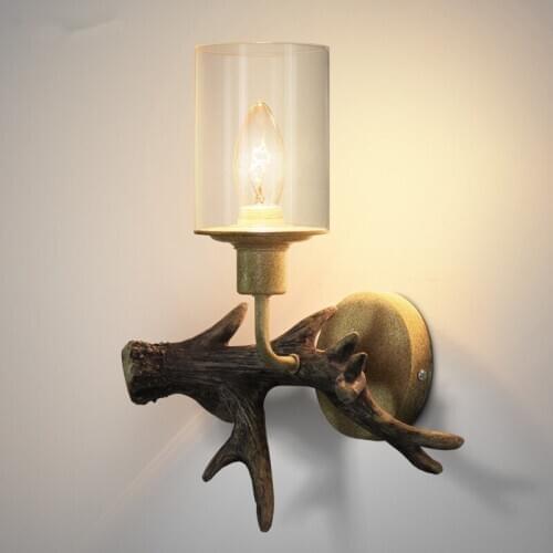 American Country Retro Art Resin Antler Wall Lamp Creative Bedroom Coffee Shop Study Aisle Wood Decoration Lamp Free Shipping