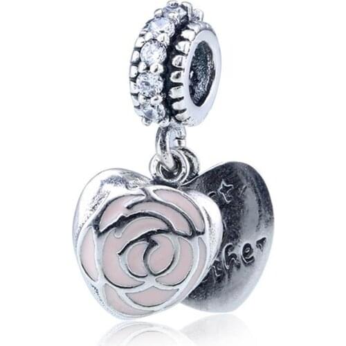 Authentic S925 Silver Pendant fit Lady Bracelet Bangle Pink Enamel Mothers Rose Crystal Dangle Charms DIY Jewelry