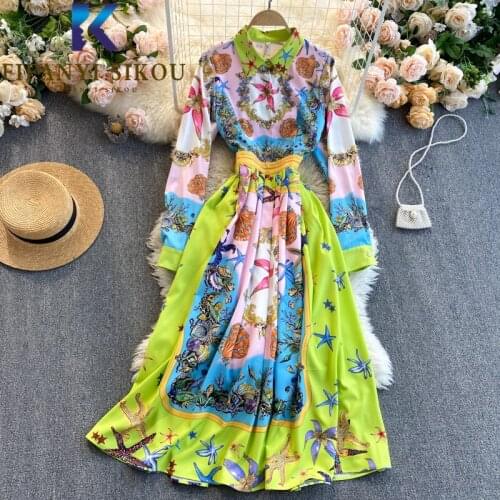 Bohemian Dress Women 2021 Spring Summer New Fashion Print Lapel Long Sleeve Maxi Dress Female High Waist Loose Vintage Dresses