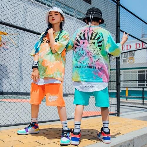 ChildrenS Day Jazz Street Dance Suit Boys Hip Hop Summer Tie-Dye Loose T-Shirt Hiphop Shorts Performance Rave Clothes DQS6980