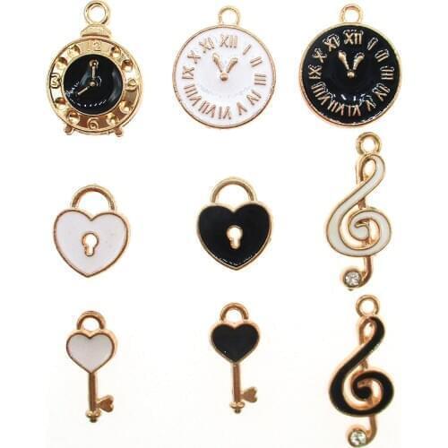 20pcs/lot Mini Heart Lock Key Enamel Alarm Clock Note Charm For DIY Earring Necklace Bracelet Jewelry Making Accessory New