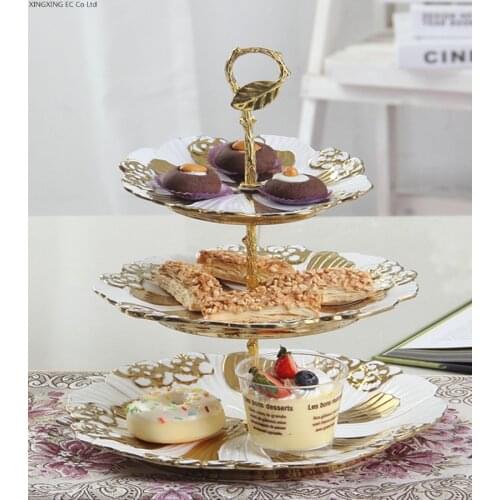 Living Room Three-layer Fruit Plate Golden Embossed Hollow Cake Stand Fashion Dessert Table Dessert Bread Dish Ceramic Plate Set