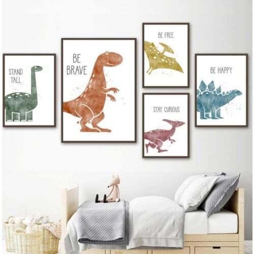 Canvas Painting Dinosaur Animal Wall Art Poster and Print Be Strong Be Happy Wall Art Picture for Babr Kids Bedroom Decor