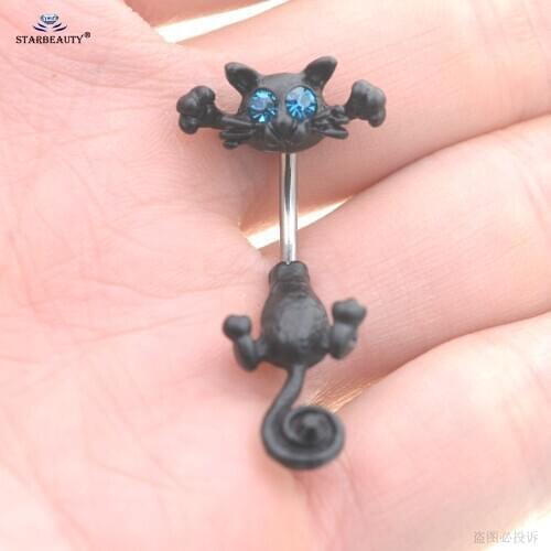 Original Design Black Cat Navel Piercing Bar Belly Button Rings Earrings Blue Crystal Belly Piercing Nombril Sex Party Jewelry