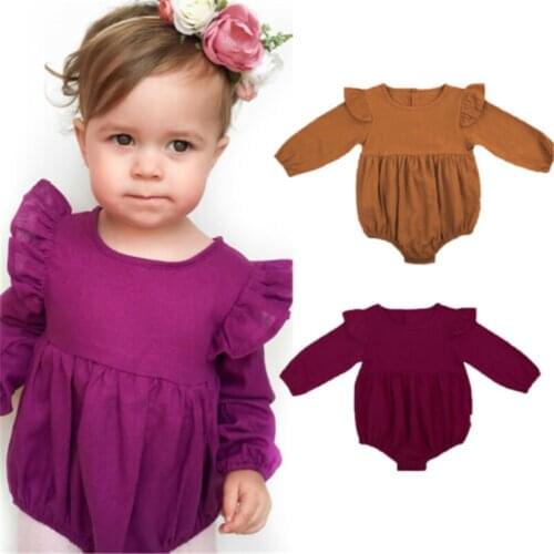 2020 Toddler Baby Girl Boys Rompers Solid Long Sleeve Ruffles Solid Autumn Jumpsuits Cotton Casual Outfits