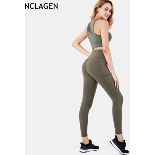 NCLAGEN Yoga Sets Women With Pockets Gym Clothes Two-piece Mesh Sport Leggings Top Push-up Fitness Suit Bra Running Sportwear