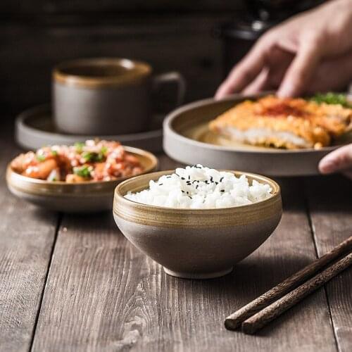 Plate Round Steak Tray Retro Dinnerware Set Rice Bowl Flat Plate Japanese Tableware Coffee Cup Sushi