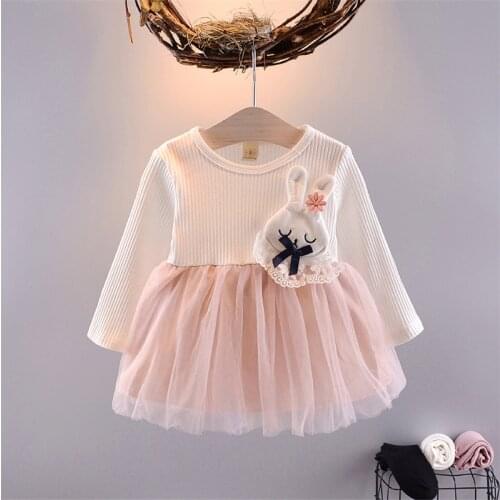New Girls Autumn Dress Princess Lovely Clothes Long Sleeve One-Piece Gauze Dress Rabbit Pattern O-Neck Clothing